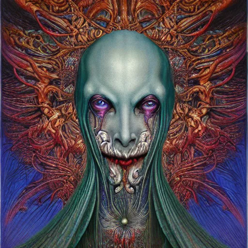 Prompt: detailed colorful realistic beautiful devil vampire face portrait by jean delville, gustave dore, iris van herpen and marco mazzoni, art forms of nature by ernst haeckel, art nouveau, symbolist, visionary, gothic, neo - gothic, pre - raphaelite, intricate alien botanicals, ai biodiversity, surreality, hyperdetailed ultrasharp octane render