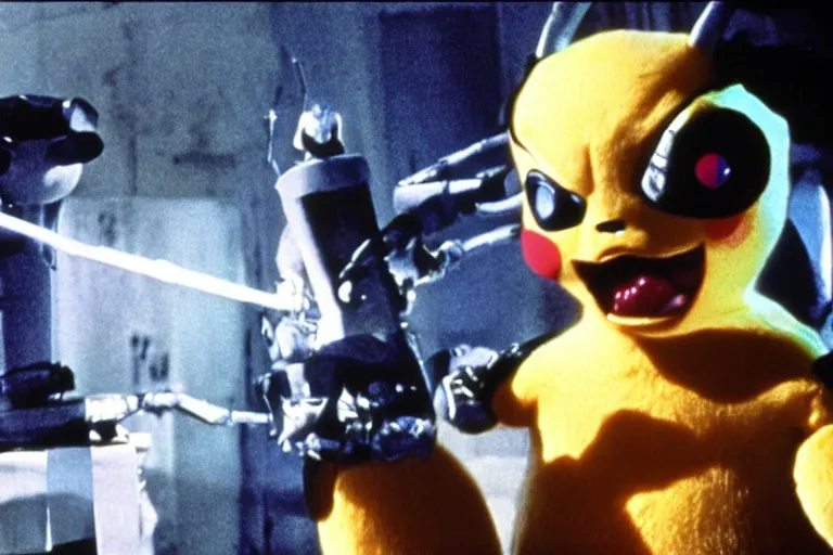 Image similar to Jack Nicholson plays Terminator Pikachu, scene where his endoskeleton gets exposed, still from the film