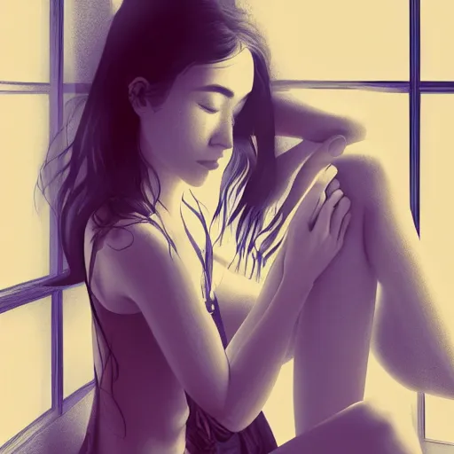 Prompt: a pretty young skinny woman who is very depressed and feeling hopeless sitting in the corner of her room waiting for The End. fractal lighting. machine shadowing. an amazing illustration by the greatest living illustrators of Japan. ultra detail. ultra shadowing. ultra graphics. ray tracing graphics. supreme colors. ultra image. perfect lighting. perfect pose. uplifting image. hopeful image. she has soft features, feminine features, cute face, long black hair, wearing a tye dye t-shirt and short black shorts. close up of her face. looking at camera askance. life-like illustration.