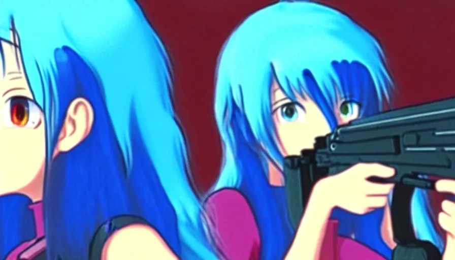 Image similar to 8 k screencap of a blue - haired girl with a gun on a favela anime, by hayao miyazaki, studio ghibli, extremely high quality artwork