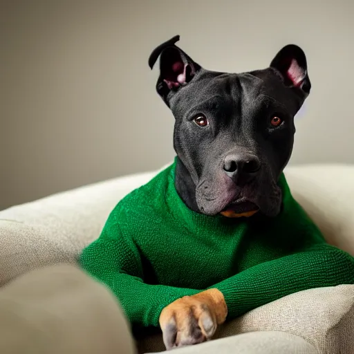 Prompt: American Staffordshire terrier sitting on a sofa wearing a green sweater, 8k, hdr