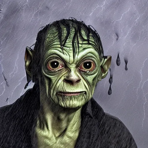 Prompt: gollum - faced with, thunderstorm, rain, depressive