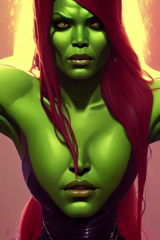 Image similar to a portrait of gamora from guardians of the galaxy, fantasy, sharp focus, intricate, elegant, digital painting, artstation, matte, highly detailed, concept art, illustration, ambient lighting, art by ilya kuvshinov, artgerm, alphonse mucha, and greg rutkowski