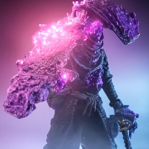 Prompt: Abyss Watcher, Purple Crystals, Mystic Creature, Light fog, raytracing, 40nm lens, shallow depth of field, split lighting, 4k,