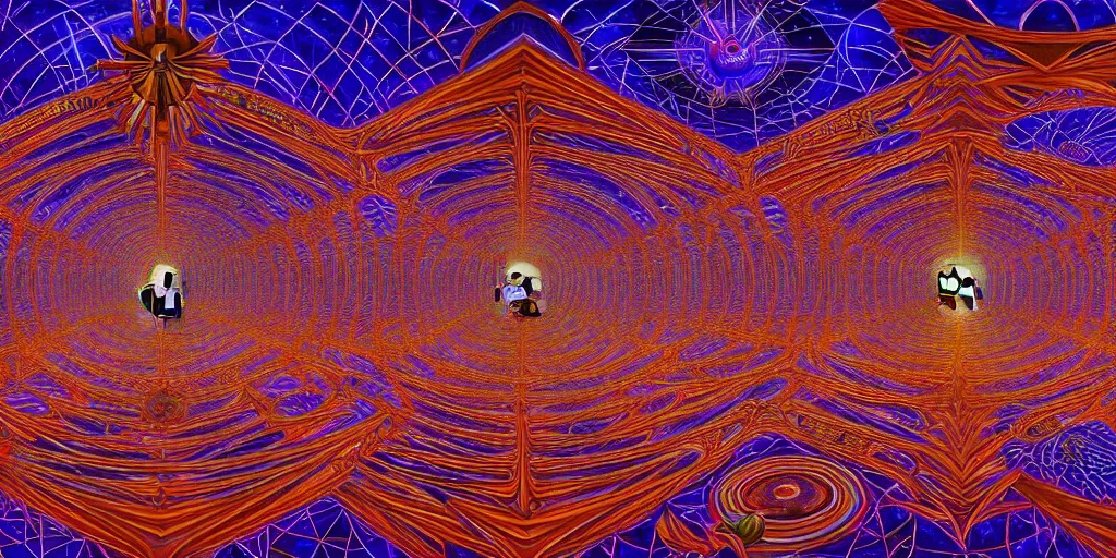 Image similar to cinematic view of the inside of a dmt cathedral filled with intricate and perfect patterns surrounded by infinite rooms, moebius, alex grey, oil on canvas, masterpiece, trending on artstation, featured on pixiv, cinematic composition, sharp, details, hyper - detailed, hd, hdr, 4 k, 8 k