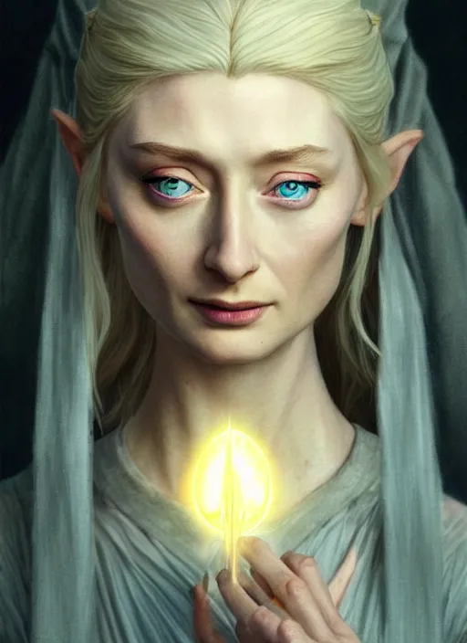 Image similar to beautiful radiant elizabeth debicki as galadriel, lord of the rings, lotr fanart, trending on artstation, character art, the hobbit, digital painting, perfectly detailed eyes, concept art, smooth, sharp focus, illustration, art by artgerm and greg rutkowski, directed by peter jackson,