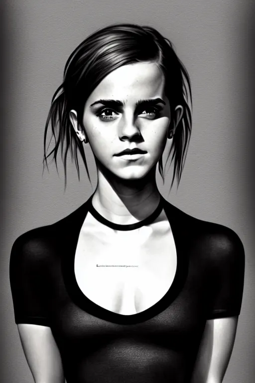 Prompt: photography emma watson wearing black tight jeans and black tight tshirt, curvy, attractive, beautiful detailed face, whole body photography, deep focus, d & d, fantasy, complex, elegant, highly detailed, digital painting, artstation, concept art, matte, clear focus, illustration, hearthstone, artgerm art, greg rutkovsky and alphonse mucha
