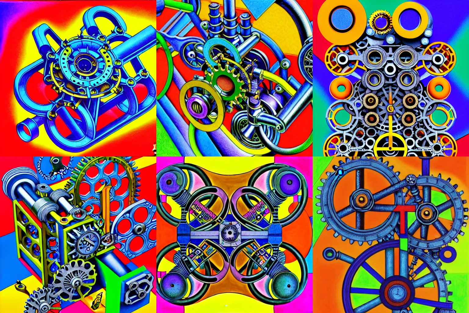 Image similar to a complicated time travel machine engine contraption with sprockets springs cranks cylinders hoses pistons, high detail, intricate abstract, detailed abstract, isometric, optical illusion, cubism, color pencil, bright colors, vivid colors, hyper detailed, high resolution, artstation, created by M.C. Escher