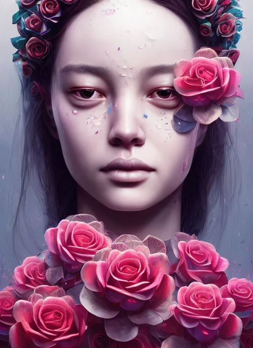 Image similar to portrait of a female face with roses instead of eyes. roses, intricate abstract upper body intricate artwork, by tooth wu, wlop, beeple, dan mumford. concept art, octane render, deviantart, greg rutkowski, cinematic arthouse, key art, hyper realism, iridescent accents