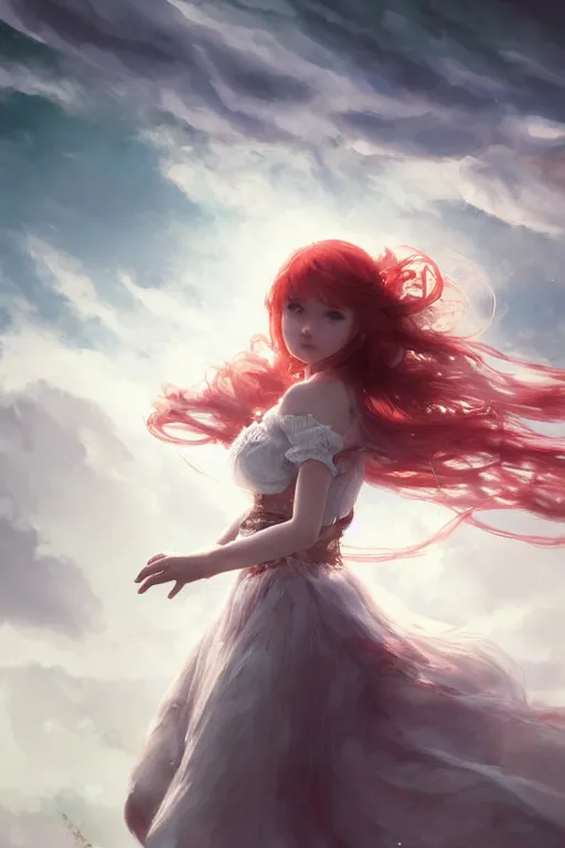 Prompt: highly detailed portrait of a young cloudy princess dancing on clouds, wavy vibrant red hair, white lace dress, cinematic lighting, dramatic atmosphere, by Dustin Nguyen, Akihiko Yoshida, Greg Tocchini, Greg Rutkowski, Cliff Chiang, 4k resolution, nier:automata inspired, bravely default inspired, luminous sky background