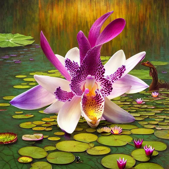 Image similar to psychedelic animal made of orchid on pond of waterlilies, diffuse lighting, fantasy, intricate, elegant, highly detailed, lifelike, photorealistic, digital painting, artstation, illustration, concept art, smooth, sharp focus, art by John Collier and Albert Aublet and Krenz Cushart and Artem Demura and Alphonse Mucha