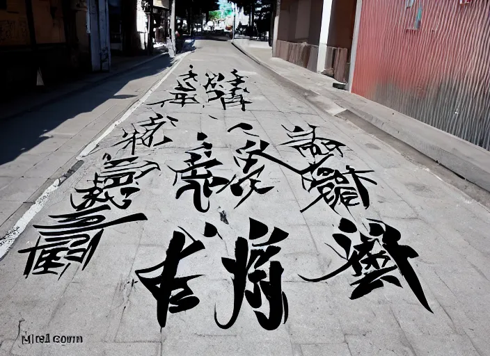 Prompt: a beautiful calligraphic kanji painted on the street, akira style, natural light