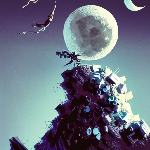 Image similar to full moon, travel upwards, flying, figurines, tilt shift, physical, style of 3 d, occlusion, white clay, style of dave mckean, style of shuzo oshimi, style of will eisner, full of color, on white, smooth, thin sharp lines, detailed, octane render