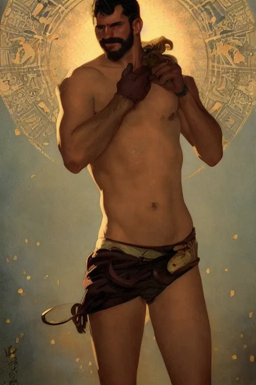 Prompt: a beautiful dramatic tarot card of a gorgeous shirtless cowboy. he has a thick build dadbod and a mustache. homoerotic, art deco, art nouveau. by mark maggiori, by greg rutkowski, by alphonse mucha. trending on artstation