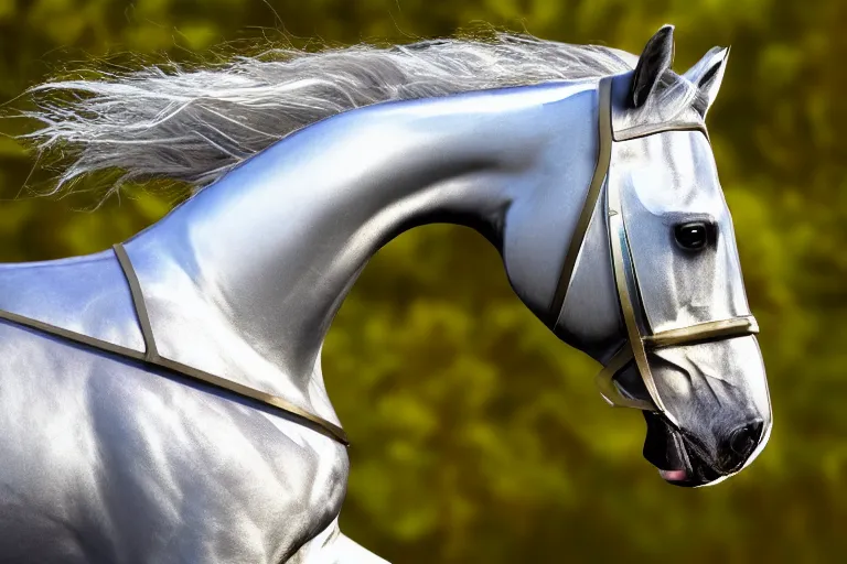 Prompt: knight horse, chrome, reflect, ultra realistic!!!, clear weather, golden hour, sharp focus