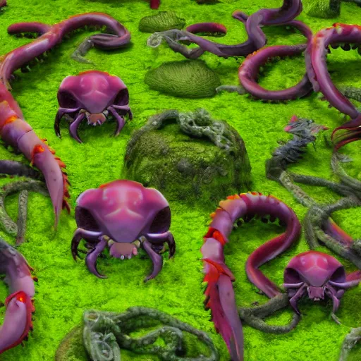 Prompt: voidless of the festival!, The Graveyard, blood moon tentacles!!, large group of crabs and worms, crawling along a bed of moss, low poly, creeper world, handcrafted, artstation, hyperrealistic, hard light, best practices, creeptastic, photorealism, macro perspective, cuddly