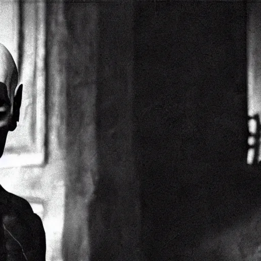 Prompt: brad pitt as nosferatu, black and white, movie still, highly detailed