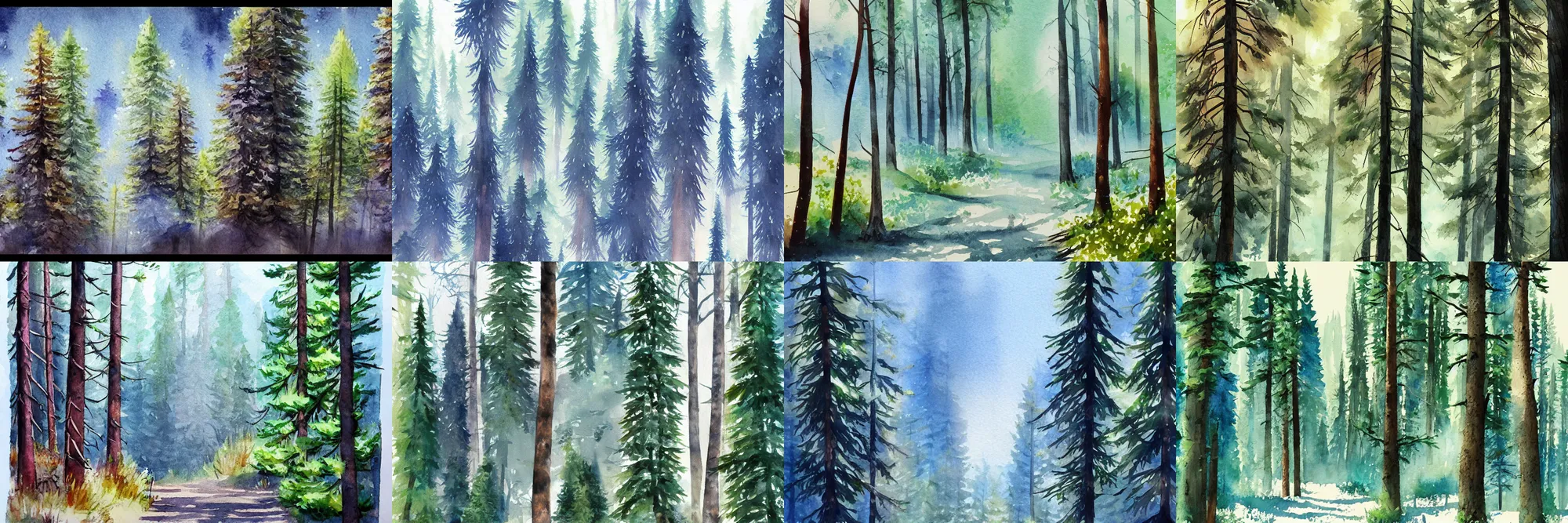 Prompt: Coniferous forest, high quality watercolors, award winning, trending on ArtStation