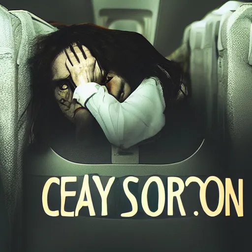 Image similar to horror movie poster of crying story on plane, realistic