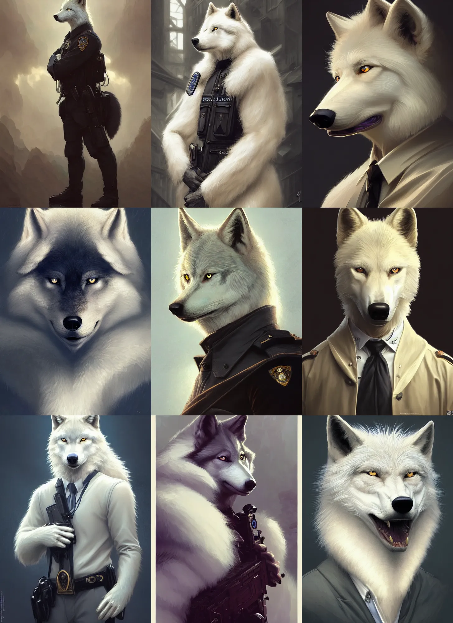 Prompt: photography of a male anthropomorphic albino wolf fursona police officer, deep focus, intricate, elegant, highly detailed, digital painting, artstation, concept art, matte, sharp focus, illustration, art by artgerm and greg rutkowski and alphonse mucha