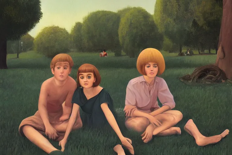 Image similar to beautiful painting of friends, beautiful faces, sitting on the edge, cute, hyper detailed, soft light, digital painting by diane arbus and ralph mcquarrie and harry bertoia