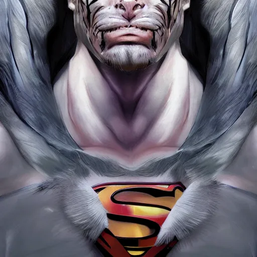 Image similar to a esthetic portrait commission of a muscular antrho albino tiger wearing the superman outfit,hyperdetailed face,character design by charlie bowater,ross tran,artgerm,makoto shibkai,photorealistic,western comic book art,film poster,deviantart,artstation