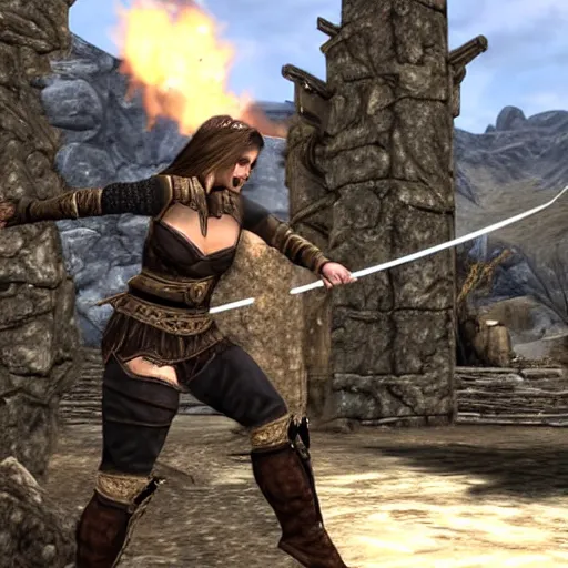 Image similar to a skyrim babe shooting a guard in the knee with an arrow