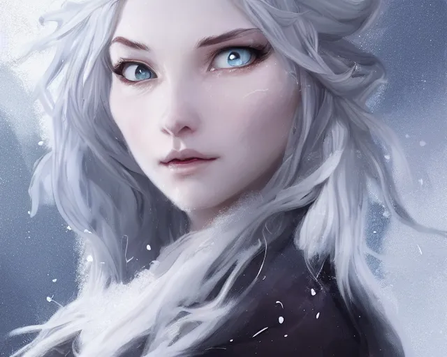 Image similar to a beautiful snow sorceress, flowy white grey hair, grey eyes, winter, frozen, snow, cinematic lighting, highly detailed, digital painting, trending on artstation, pixiv, concept art, sharp focus, illustration, art by ross tran and wlop, dark art