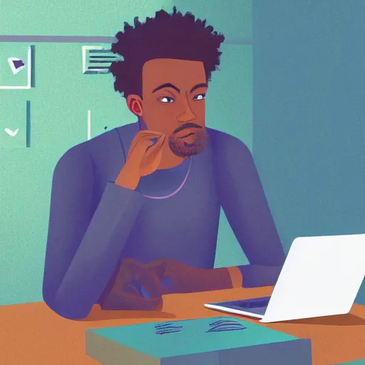 Image similar to fantasy image of lightskinned black man with short hair sitting at a desk, using a macbook, dreamy, pastel, digital illustration, intricate details