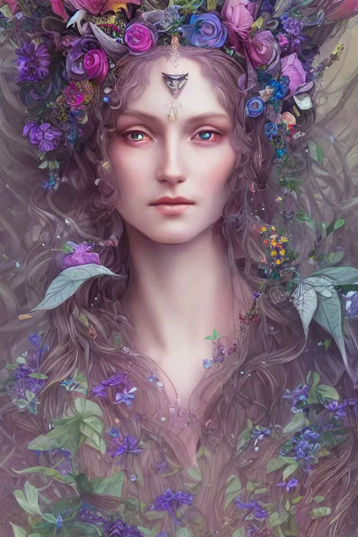 Image similar to a portrait of a beautiful elvish goddess with flowers in her hairs , fairy-like , 8k, highly detailed, sharp focus, ethereal clothes, astral environment, in style of Anna Dittmann and Mark Arial and Artgerm and Gerald Brom