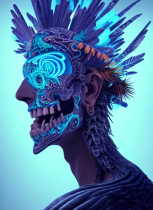 Image similar to 3 d shaman with tattoos profile portrait, sigma 5 0 0 mm f / 5. beautiful intricate highly detailed quetzalcoatl skull and feathers. bioluminescent, plasma, frost, water, wind, creature, gradient background, thunderstorm! artwork by tooth wu and wlop and beeple and greg rutkowski, 8 k trending on artstation,