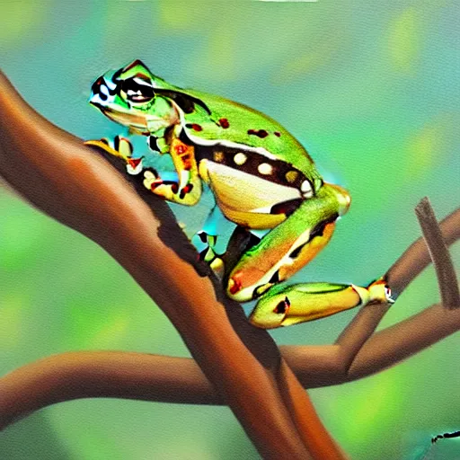 Prompt: beautiful oil painting of common frog sitting on a tree, day light, sunlight swamp, award - winning, matte,