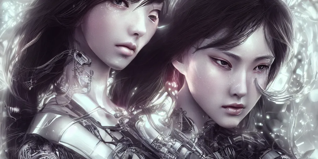 Prompt: hyper realistic photography, beautiful cyborg female, intimate holding close, in the style jin kagetsu, wlop, highly detailed, intricate filigree, symmetry, masterpiece, concept art, highkey lighting, ambient lighting, octane render, 8 k, artstation