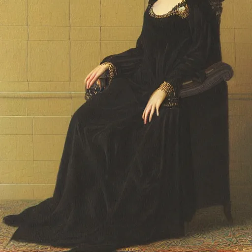 Image similar to an illustration of a queen wearing a beautiful black dress on a simple stone throne by john hawe, realistic, detailed, oil painting