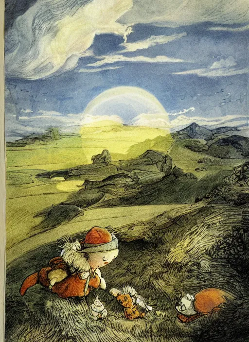 Prompt: sky split in 2, surrounded by light clouds, landscape, illustrated by peggy fortnum and beatrix potter and sir john tenniel