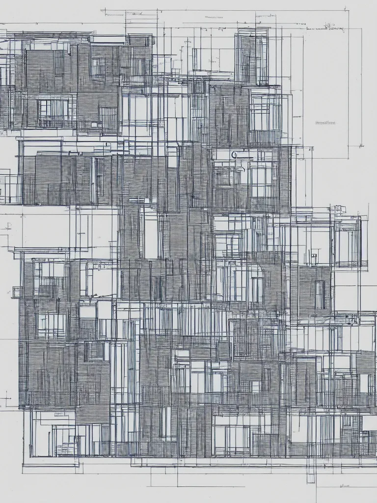 Prompt: Architecture blueprint copy, an impossible building. Vertical cut. Technical drawing