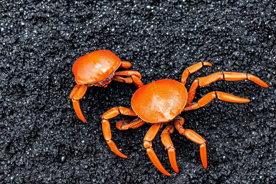 Prompt: scientific close-up of a slimy alien crab, nature photography, black sand, 4k, HD photography