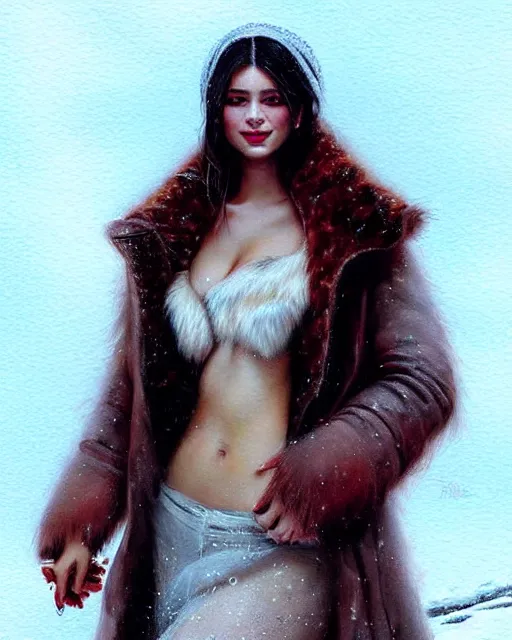 Prompt: a beautiful siberian girl with bear fur coat with decollete and bra | | winter, realistic shaded, unpleasant face, bad looking, fine details, realistic shaded lighting poster by greg rutkowski, magali villeneuve, artgerm, jeremy lipkin and michael garmash and rob rey