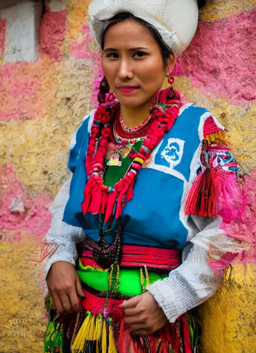 Image similar to color Mid-shot portrait of a beautiful, breathtaking 25-year-old woman from Peru, wearing a traditional outfit, candid street portrait in the style of Mario Testino award winning, Sony a7R