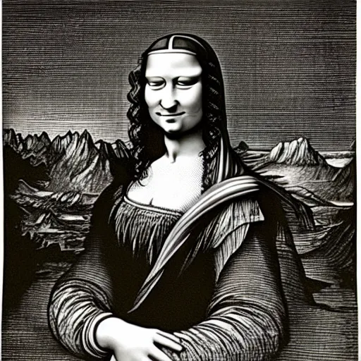 Image similar to monalisa in the style of Gustave Doré!!!!!!!!!!!!!!!!!!!, etching, etching, etching painting, etching!!!!!!!!!!!!!!!!!!!, wood-engraving!, Gustave Doré, Gustave Doré, Gustave Doré!!!!!!!!!!