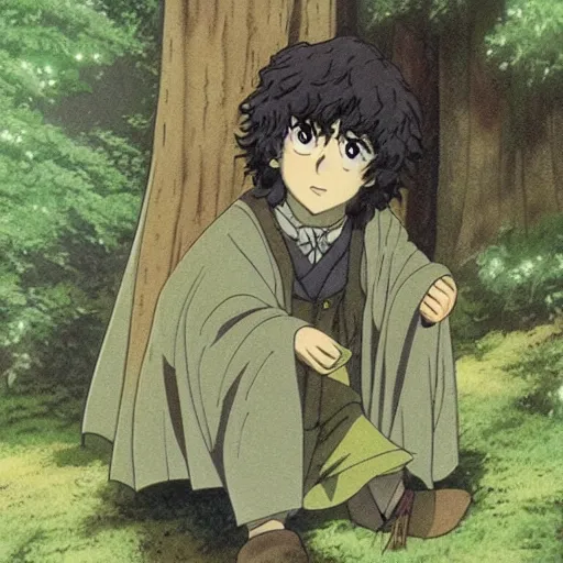 Image similar to peregrin took from the anime lord of the rings (1986), dark hair, green cape, hobbit, in the forest, studio ghibli, very detailed, realistic