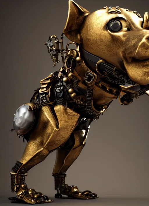 Prompt: a macro photo of amazing steampunk armored dog with ruby eyes and steam tubes legs, volumetric lightning, octane render, 4 k, hd, realistic reflections, extremely high detailed, soft lightning, trending on artstation, masterpiece, high resolution, bronze, gold, soft lightning