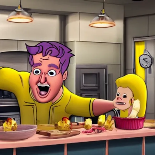 Image similar to Gordon Ramsey screaming at bananas in pyjamas in the kitchen