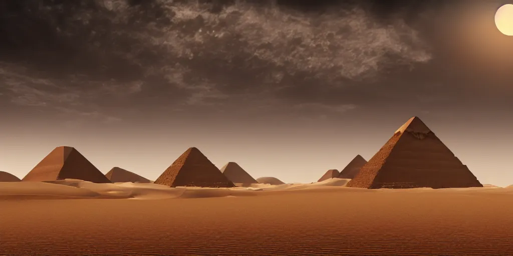 Image similar to a wide desertic matte painting landscape with ancient egyptian temple buried in the sun. big sand dunes. under a white sky with black stars. a monstrous sphynx between the dunes on the horizon. eerie lighting. photorealistic. artstation. hd.