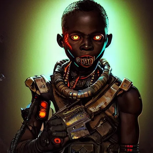 Image similar to a dark and ominous cyborg african child soldier with glowing eyes and tribal facial scarification, neon graffiti, Apex Legends character digital illustration portrait design, by android jones and greg rutkowski in a cyberpunk voodoo style, retrowave color scheme, detailed, cinematic lighting, wide angle action dynamic portrait