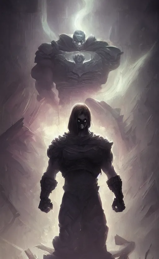 Image similar to Full body centered uncut character pose of mysterious-eerie-ominous He-Man, dark grey shadowy smokey background, atmospheric, cinematic, Epic, ultra-detailed, sharp focus, colored illustration, artwork by Jordan Grimmer and Greg Rutkowski