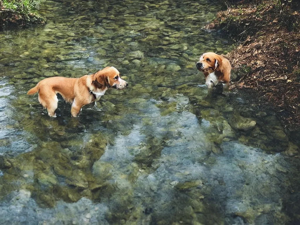 Image similar to a dog standing!!!!! in a stream!!!!!, looking down, reflection in water, ripples, beautiful!!!!!! swiss forest, photograph, character design, national geographic, soft focus