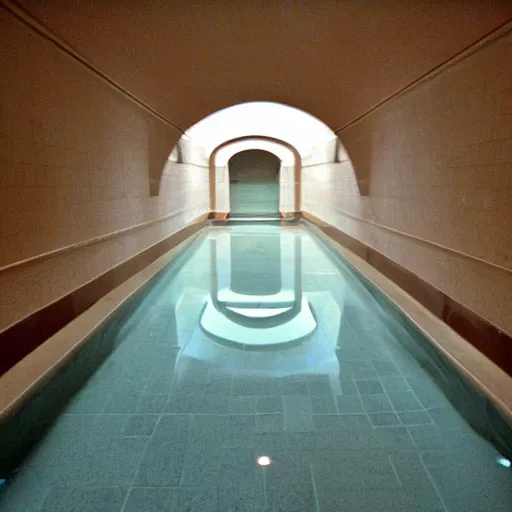 Image similar to Beautiful Fuzzy wide-eye-lens 15mm, harsh flash, cameraphone 2002, Photograph of an tiled infinite foggy foggy foggy liminal pool pool hallway hallway hallway with archways and water on the floor