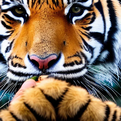 Prompt: a tiger licking your hand, 4k, high detail, high-resolution photograph, professional photography
