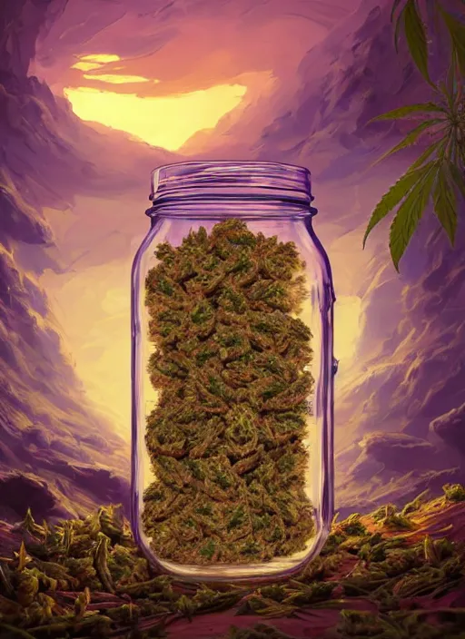 Prompt: detailed surreal digital painting of a mason jar full of cannabis buds, mushrooms and pills by artstation, fanart behance hd by jesper ejsing, by rhads, makoto shinkai and lois van baarle, ilya kuvshinov, rossdraws, purple haze, global illumination, blacklight, detailed and intricate environment